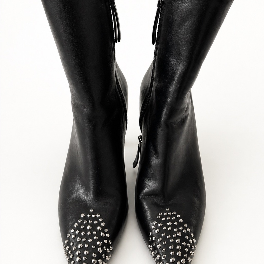 Zara Black Pointed Toe Heeled Boots with Silver Studs